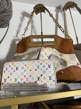 Louis Vuitton Multicolor Monogram White Canvas Shoulder Bag with Brown Trim